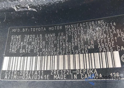 2015 Toyota Corolla L from USA, damaged, VIN 2T1BURHE3FC319540